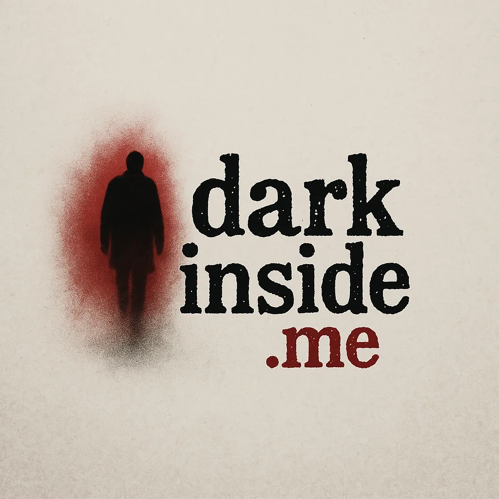 Logo von DARK INSIDE ME. Man als Schattenriss käuft in roten Nebel. Daneben die Domainname darkinside.me in rougher Typo.